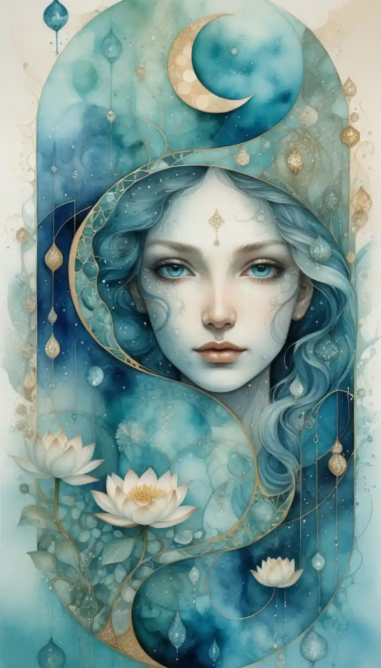 Donna Eterea in Surreale Scena d’Acqua Cosmica Yin Yang