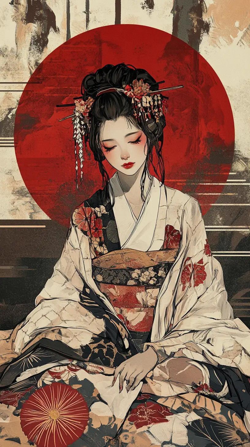 Japanese woman in ornate kimono with stylized red sun