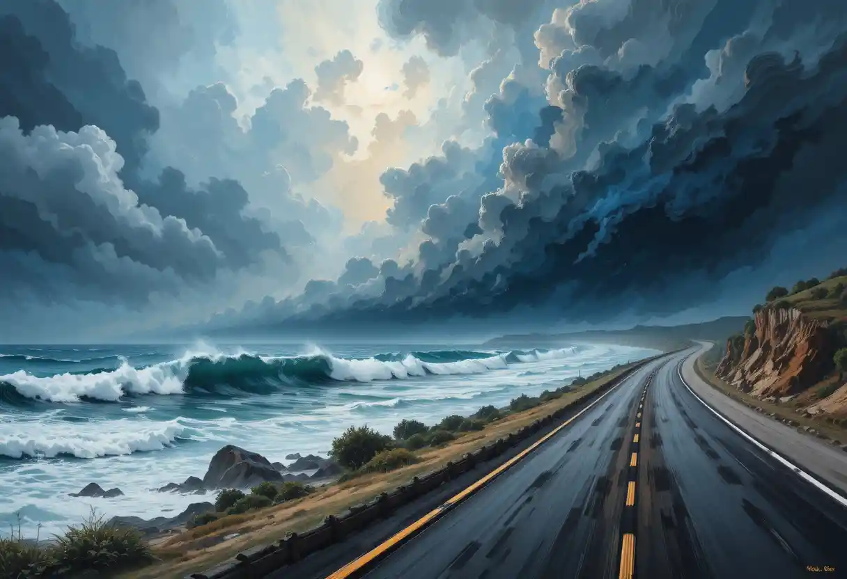 Nuvens de tempestade furiosas sobre o mar escuro e revolto