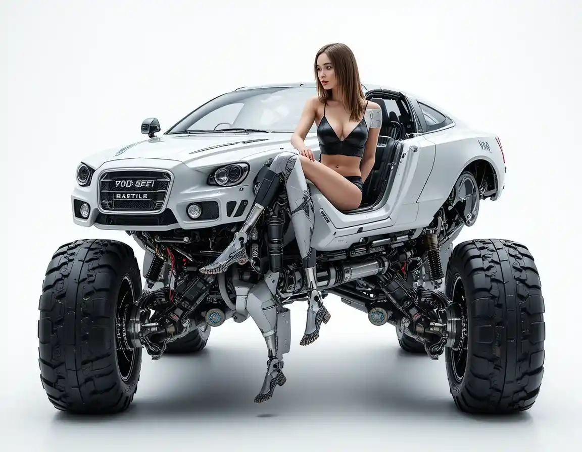 Futuristic hybrid car robot on mechanical wheels