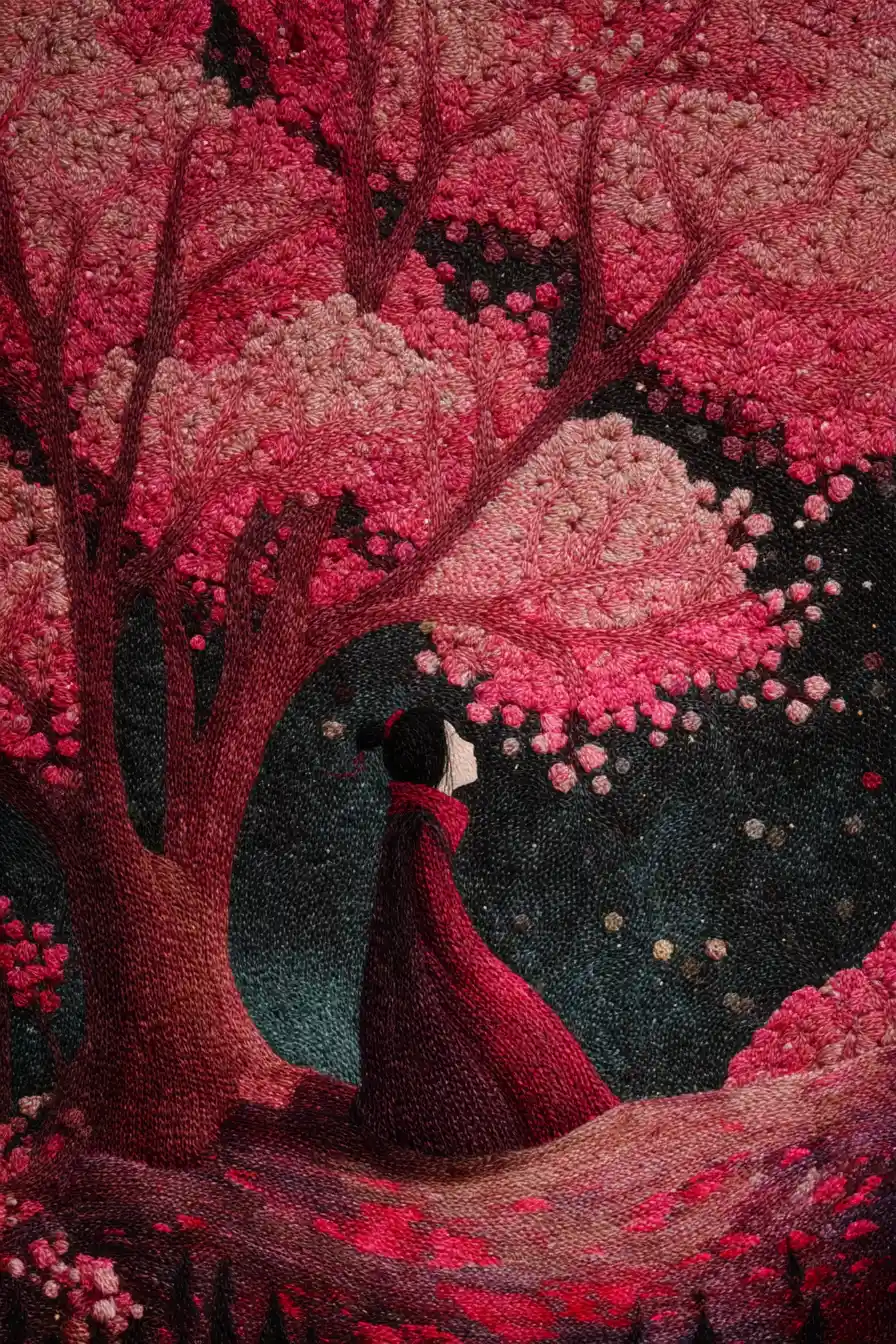 Knitted cherry blossom tree glowing at night in forest