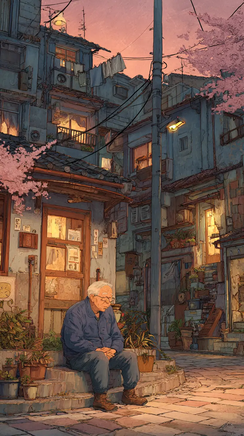 夕陽下靜謐東京街道上休息的老人