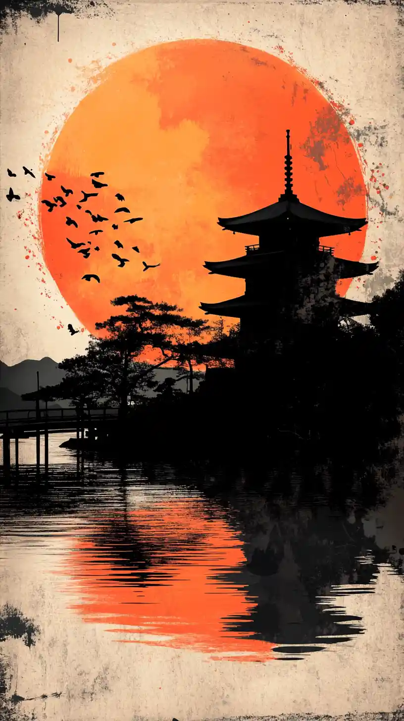 Village japonais de pagodes sous une pleine lune orange lumineuse