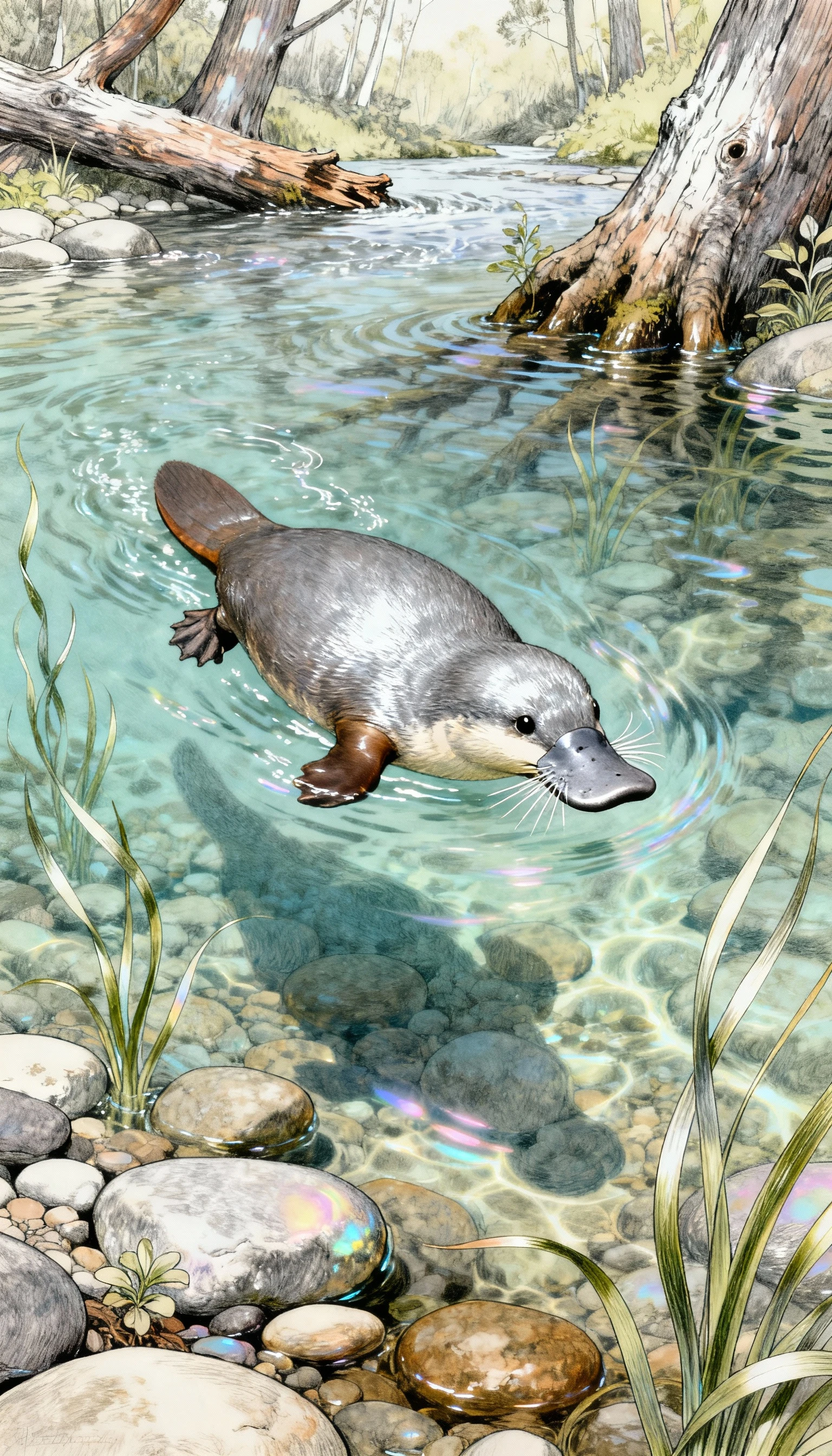 Platypus Swimming Through Clear Stone Bottom Stream Underwater