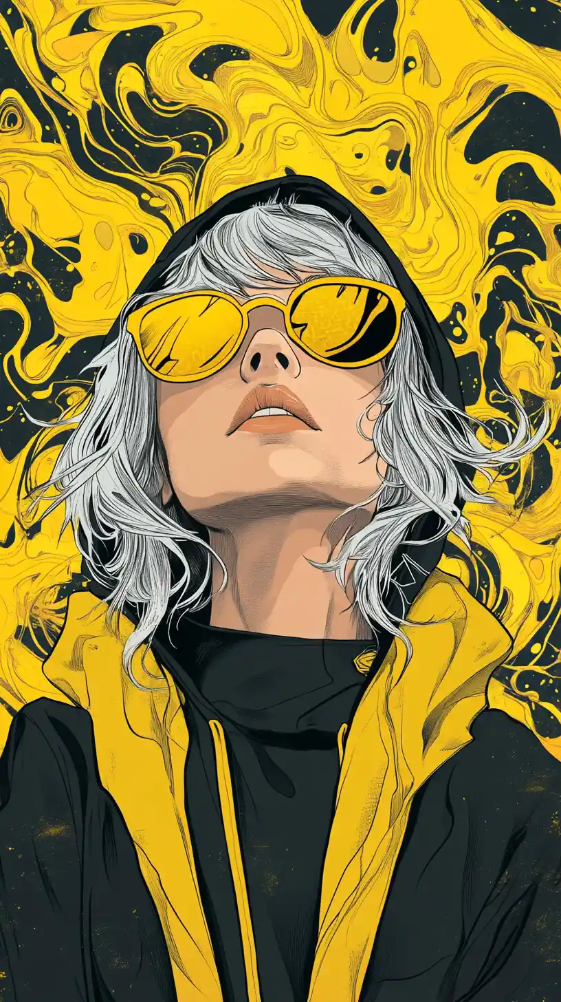 Silberhaariges Mädchen im gelben Pop-Art-Grafikporträt