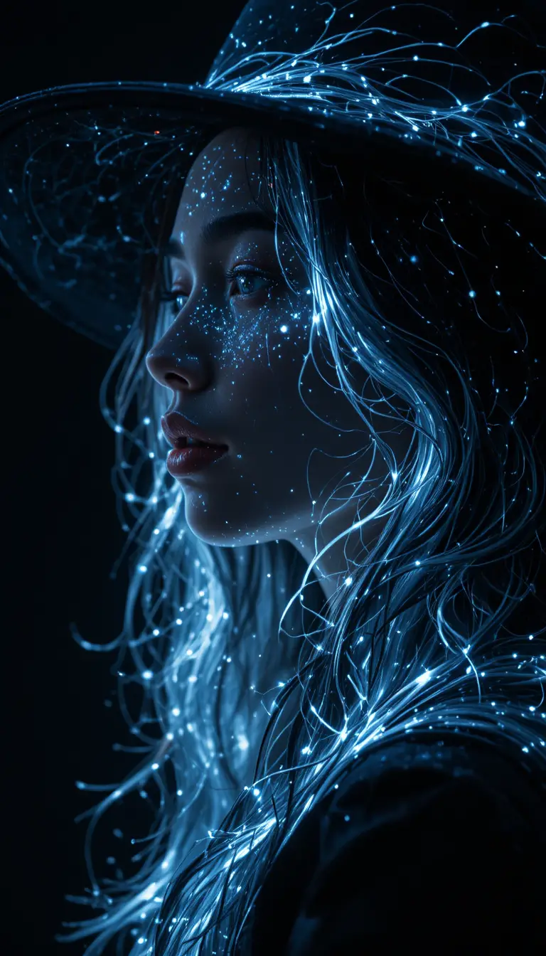 Close up digital painting of a woman with glowing hair