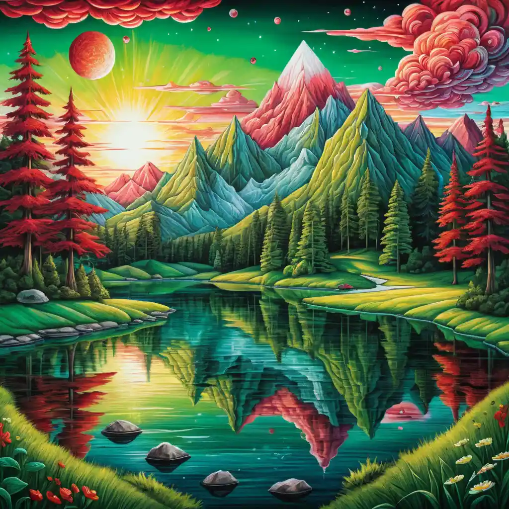 Surreale Sommerlandschaft mit Sonnenuntergangssee und Bergen