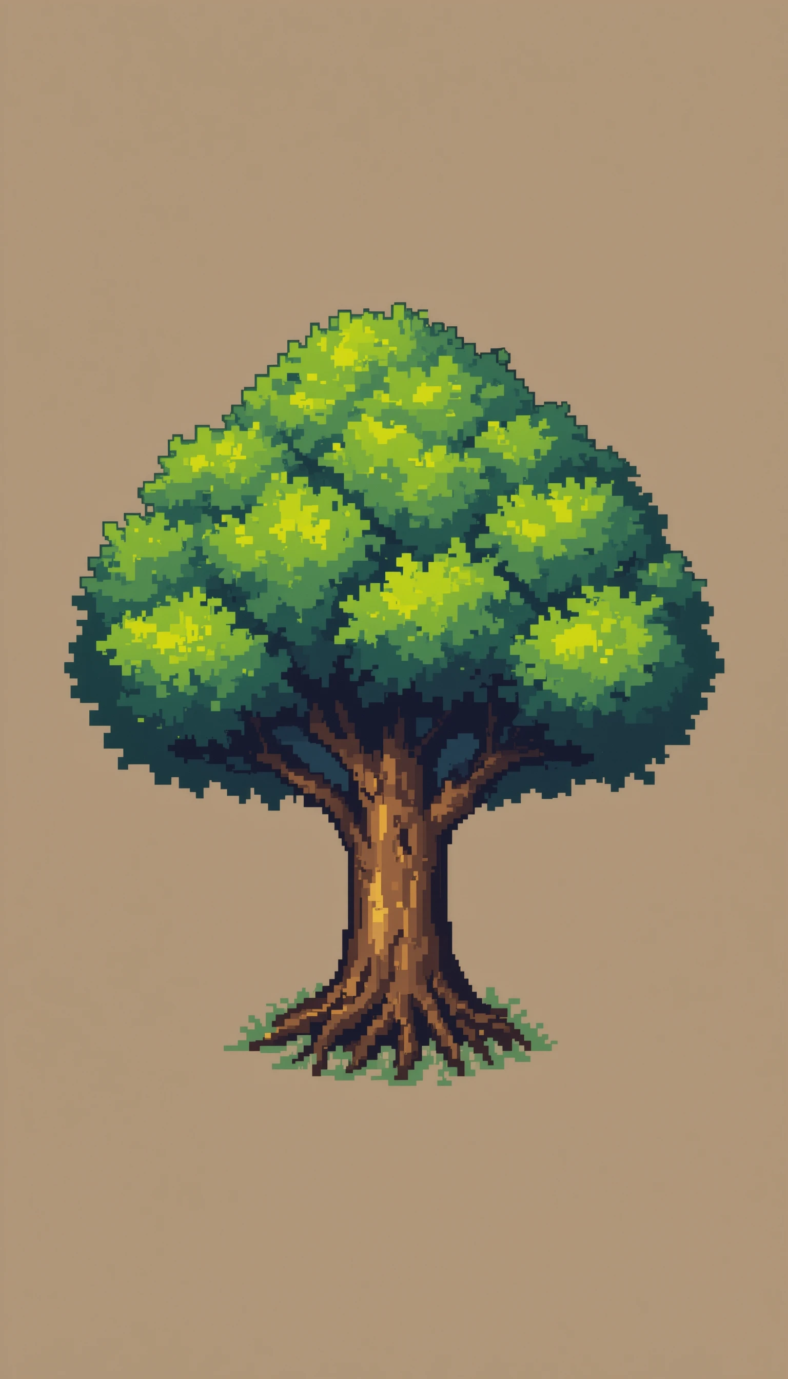 Pixelbaum aus der Vogelperspektive mit braunem Stamm und grünen Blättern
