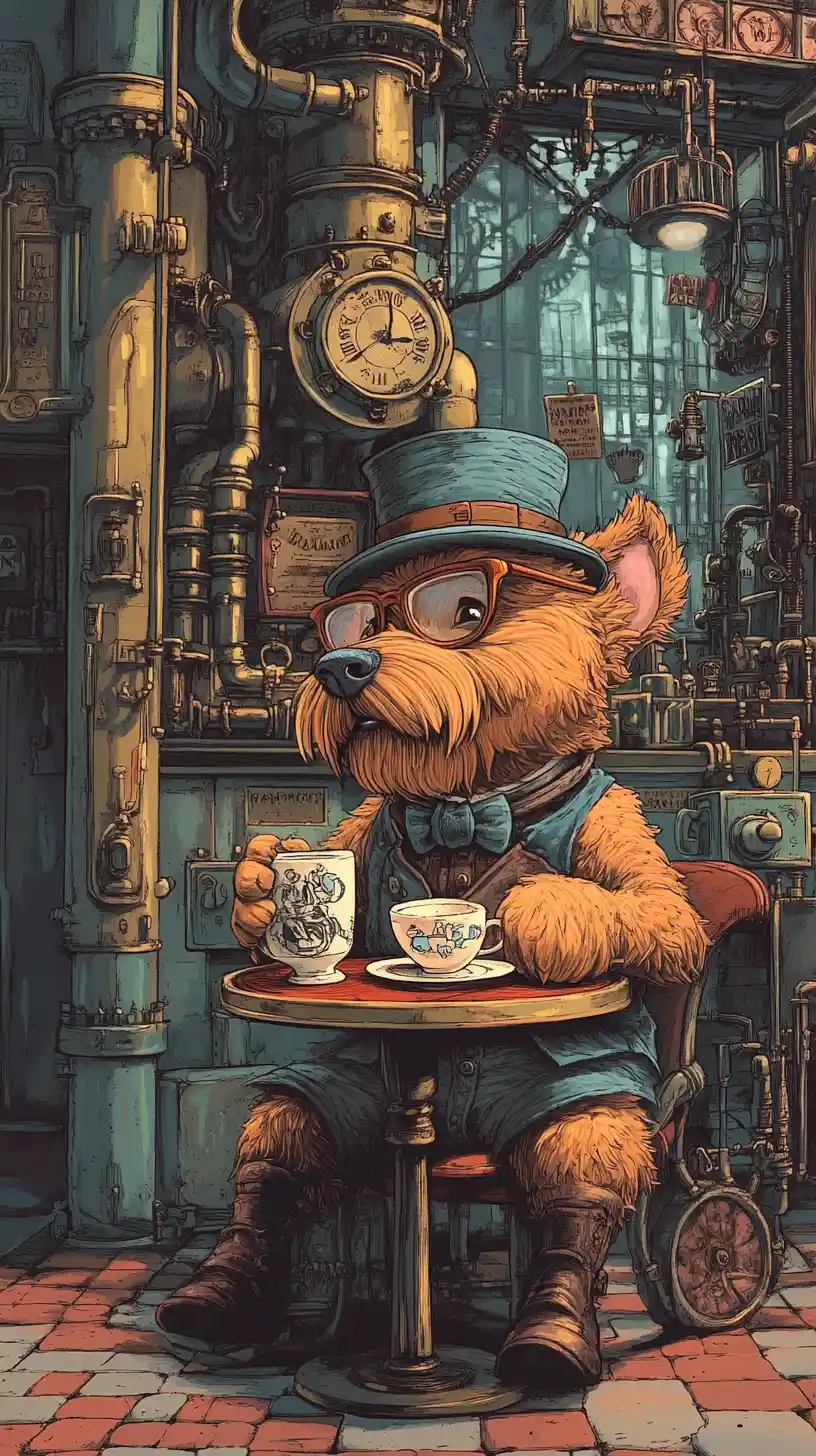 Whimsical dog in bowler hat at a tiny steampunk cafe
