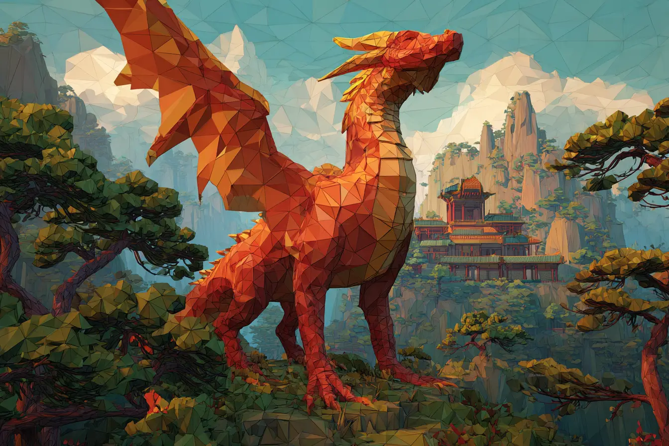 Maestoso drago low poly in un paesaggio fantasy cinese
