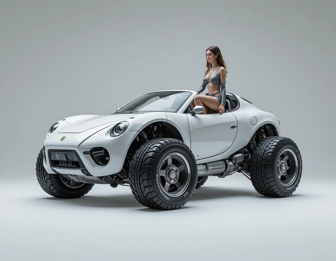 Futuristic hybrid car robot on large articulated tires