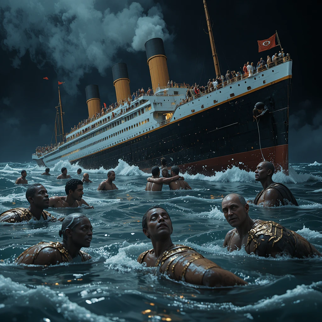 Sinking ocean liner with people falling into dark sea