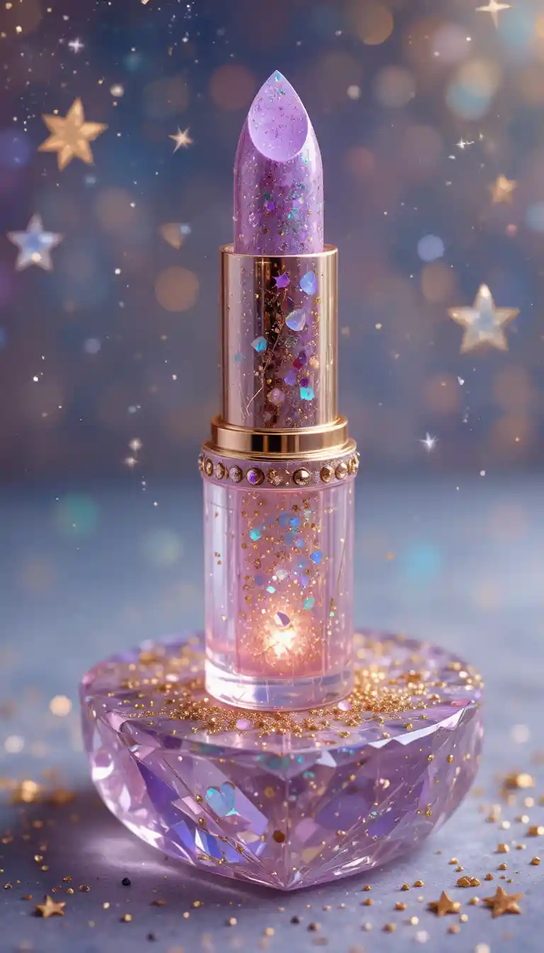 Glowing rainbow opal lipstick resting on lilac crystal cake