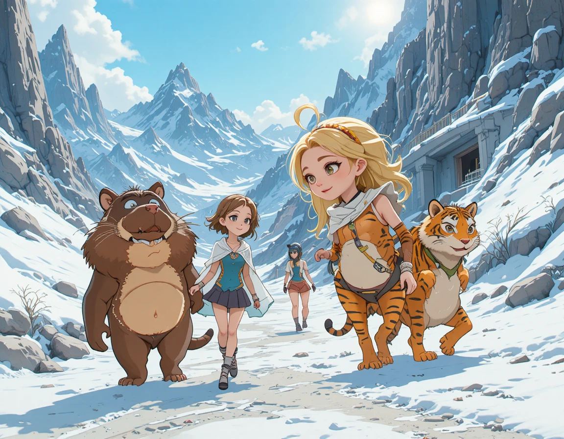 Femme blonde avec des animaux marchant dans un paysage enneigé de dessin animé