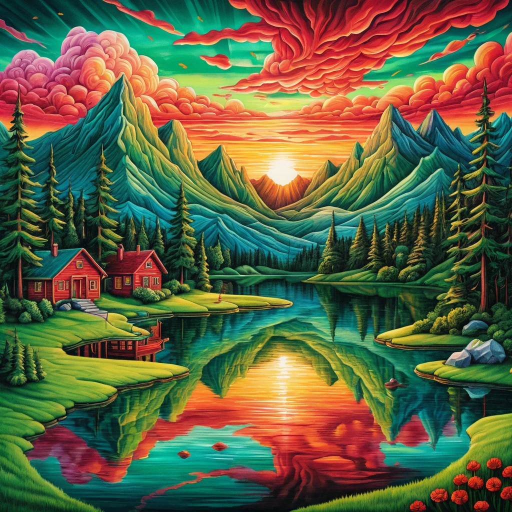 Lago de montaña veraniego surrealista al atardecer en colores vivos
