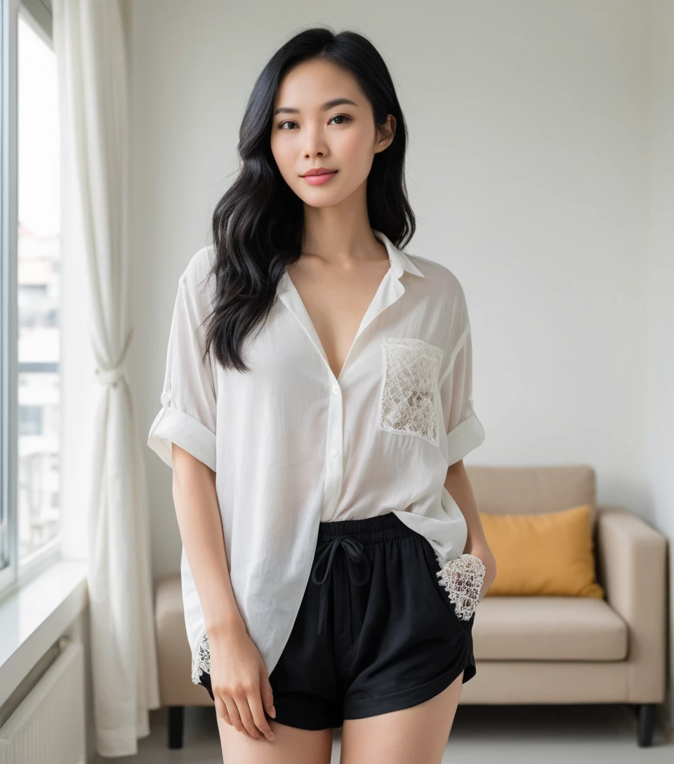 極簡公寓裡穿寬鬆襯衫的越南女子
