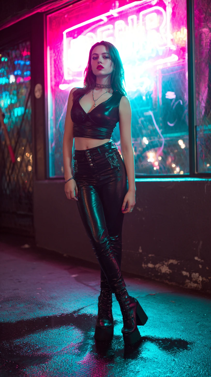 Mulher de couro em bar iluminado por neon em rua molhada à noite