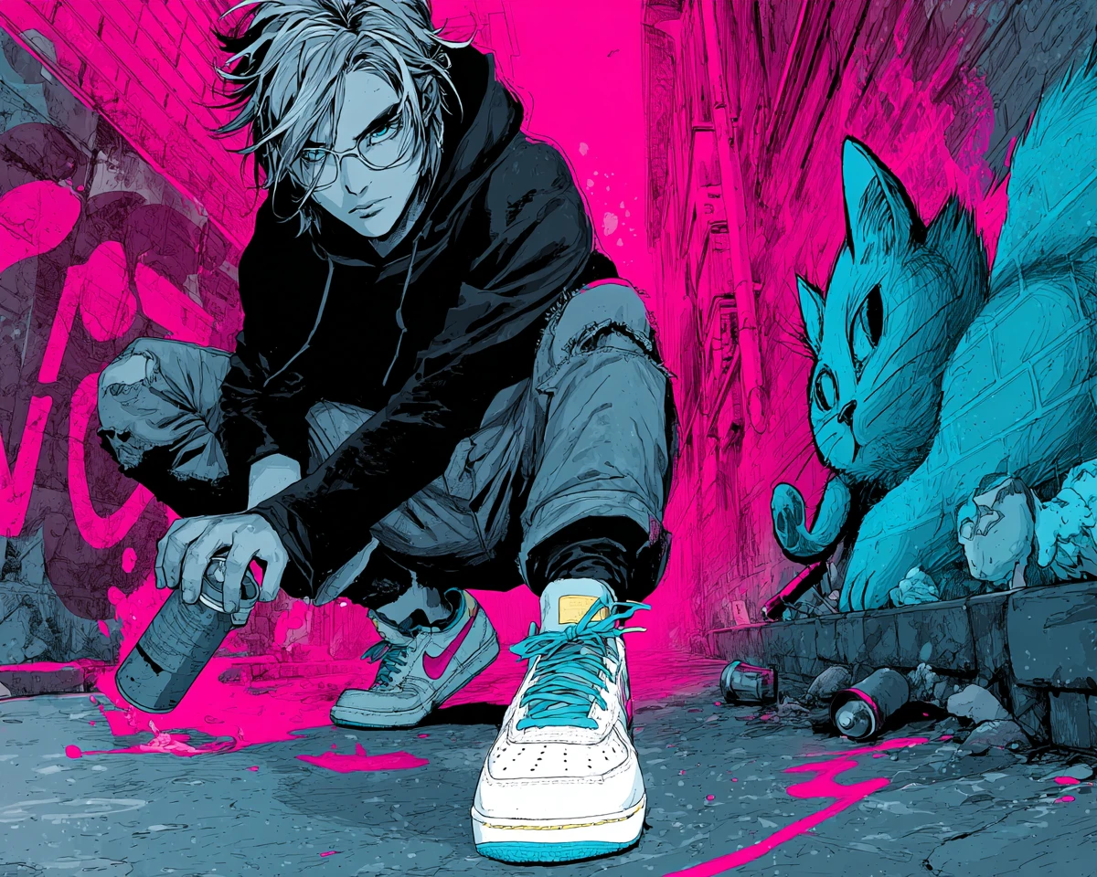 Artista de grafite em estilo anime pintando um gato neon no beco
