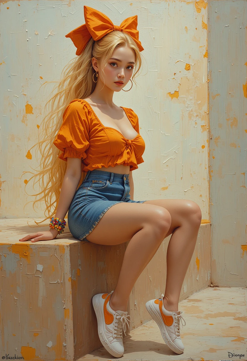 Fantasie-Ölgemälde einer jungen Frau in orangem Outfit