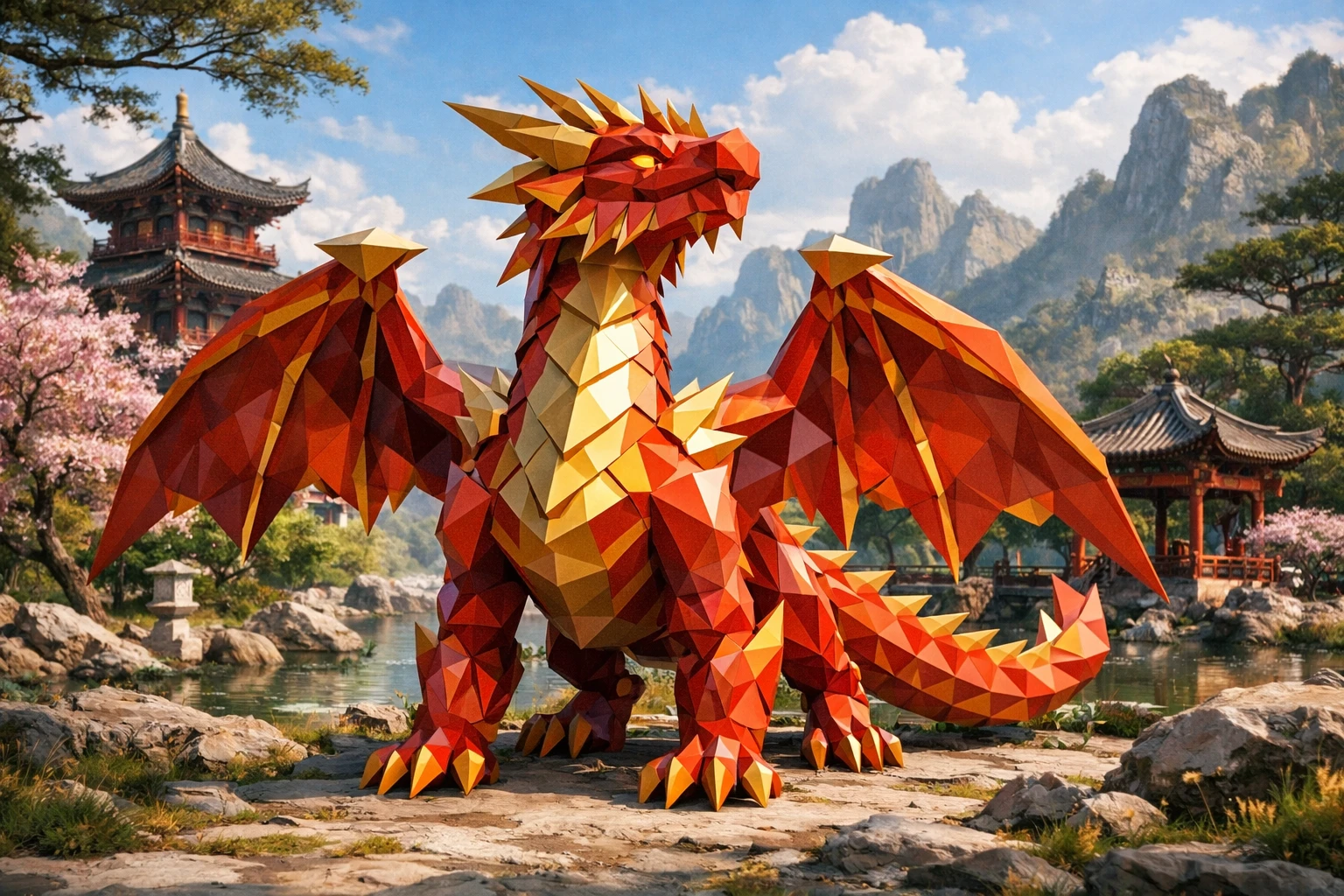 Dragão low poly em uma majestosa paisagem montanhosa chinesa