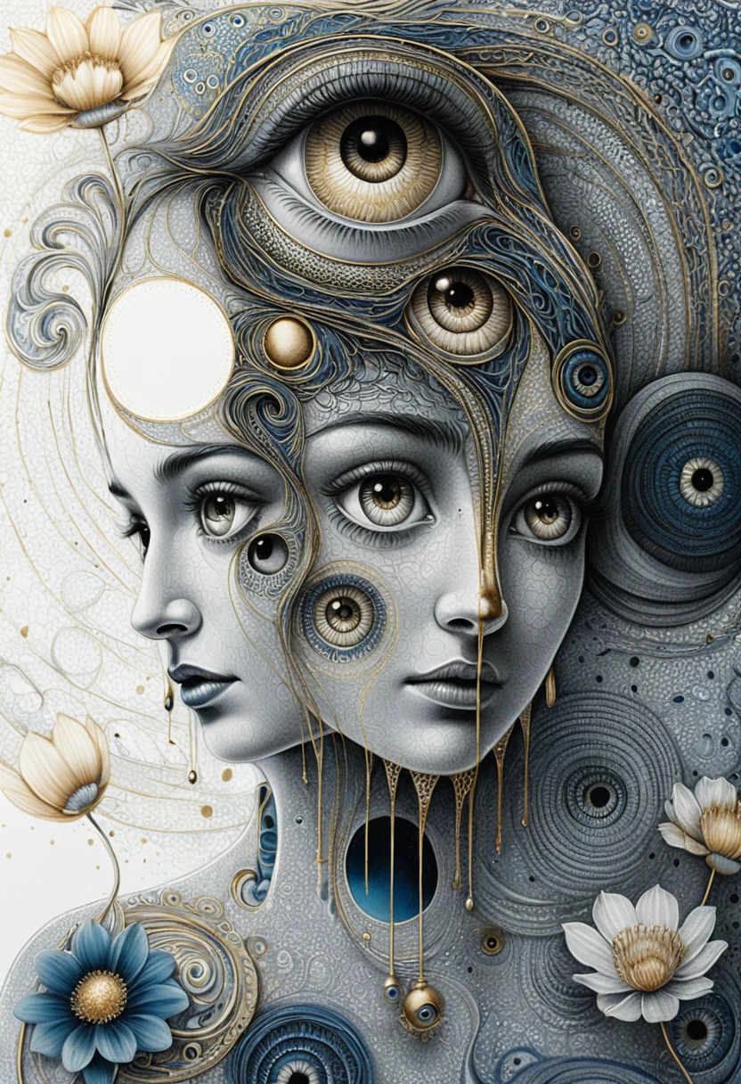Visages féminins surréalistes fusionnant avec des formes cosmiques abstraites