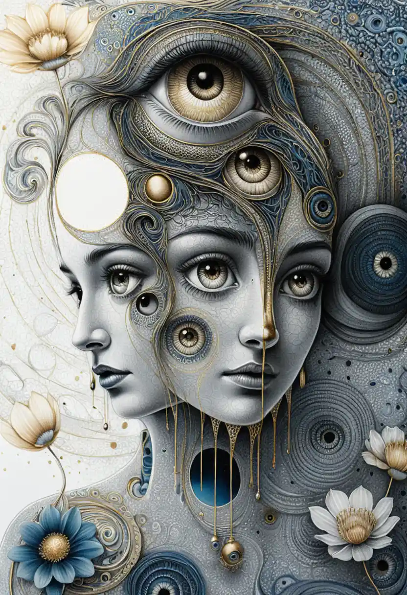 Visages féminins surréalistes fusionnant avec des formes cosmiques abstraites