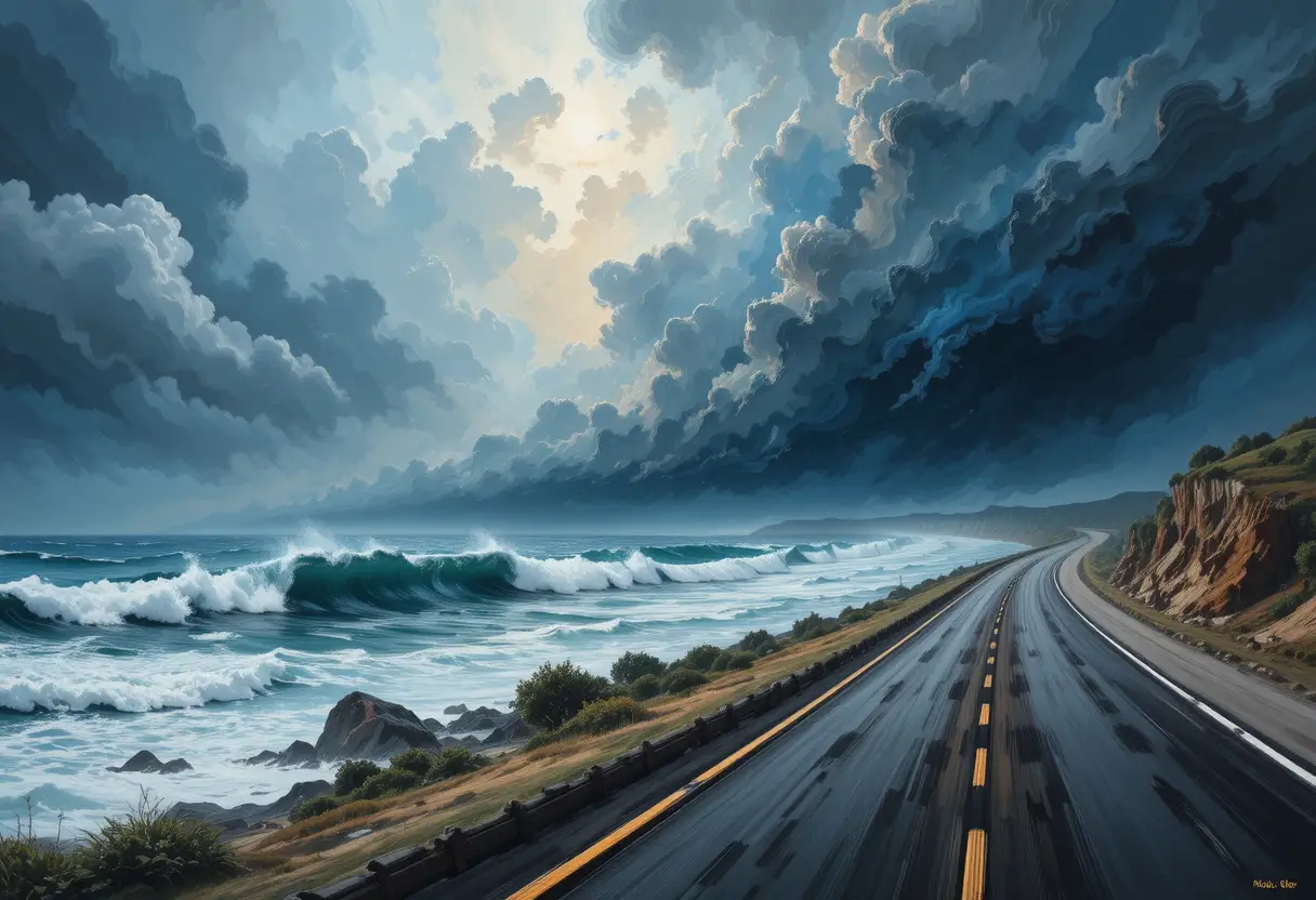 Nuvens de tempestade furiosas sobre o mar escuro e revolto