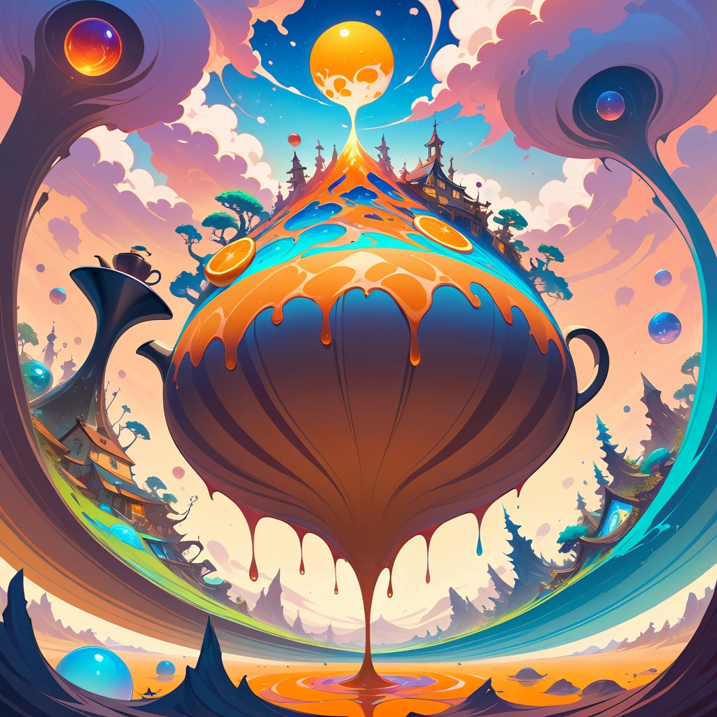 Surreal coffee pot pouring molten liquid over dreamlike landscape