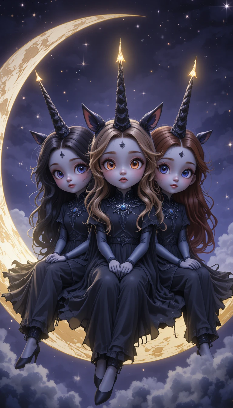 Tre ragazze cornute al chiaro di luna su un cielo notturno a luna crescente
