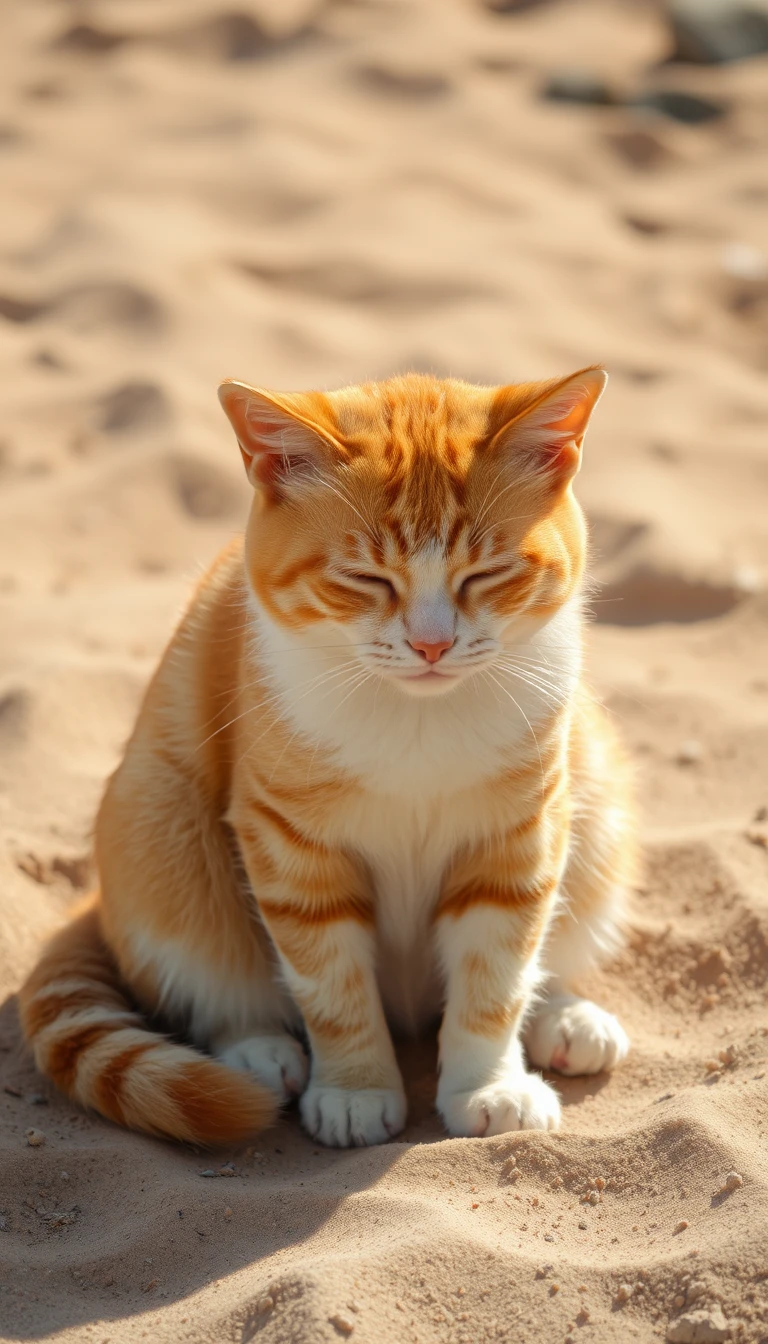 Gata tricolor cansada descansando na praia de areia quente