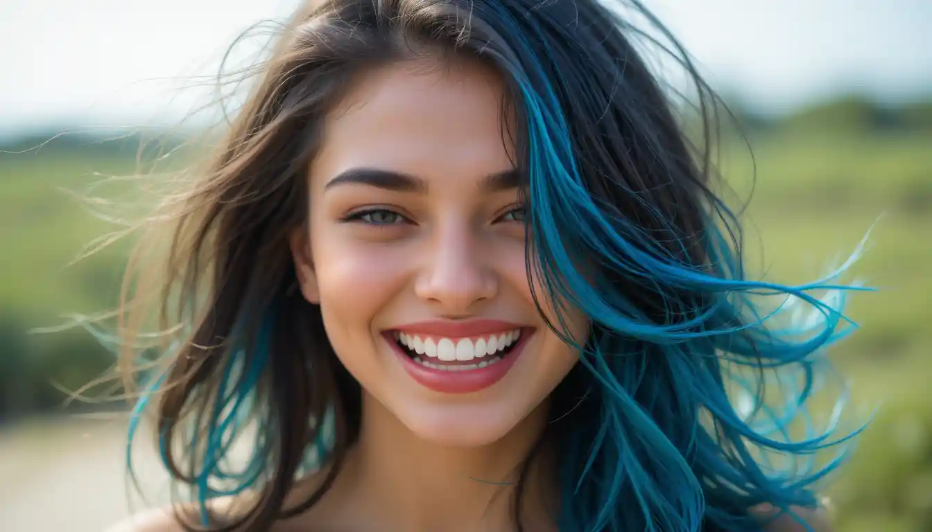 Mulher rindo com mechas azuis no cabelo ao vento