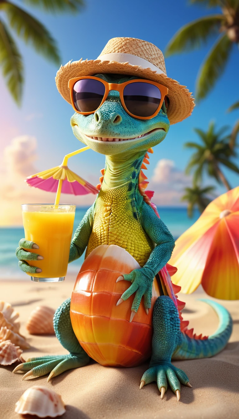Pixar style lizard chilling on a sunny tropical beach