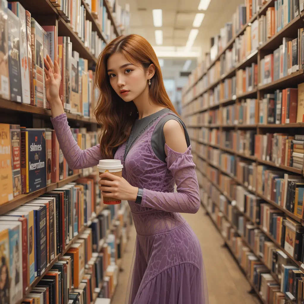 Young woman browsing hardcover books in a lavender gown