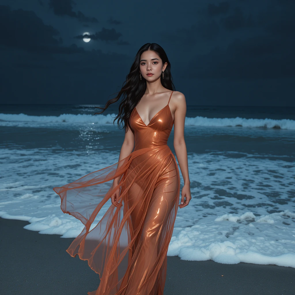 Korean woman in amber swimsuit posing on moonlit shoreline