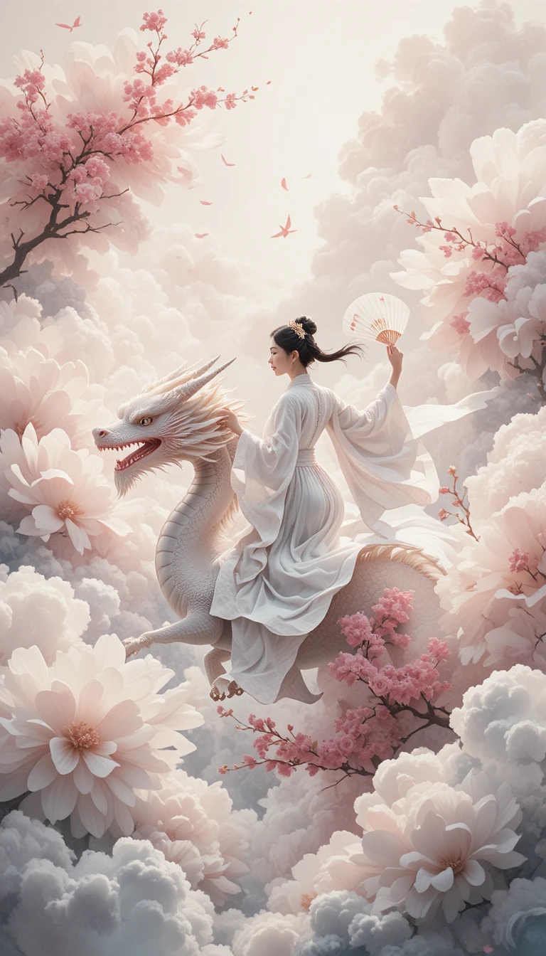 Chinese princess flying on a white dragon in soft clouds