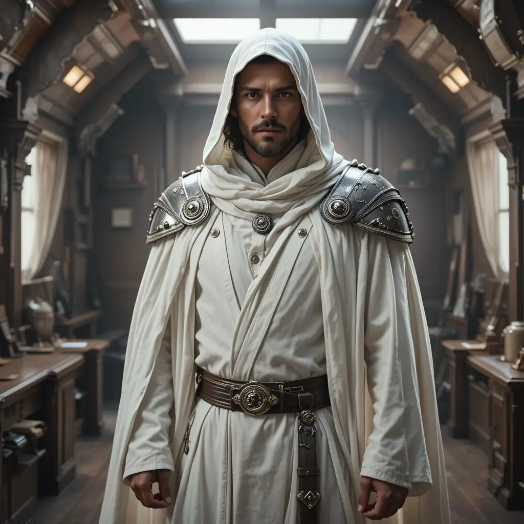Man in white robes on a warship interior