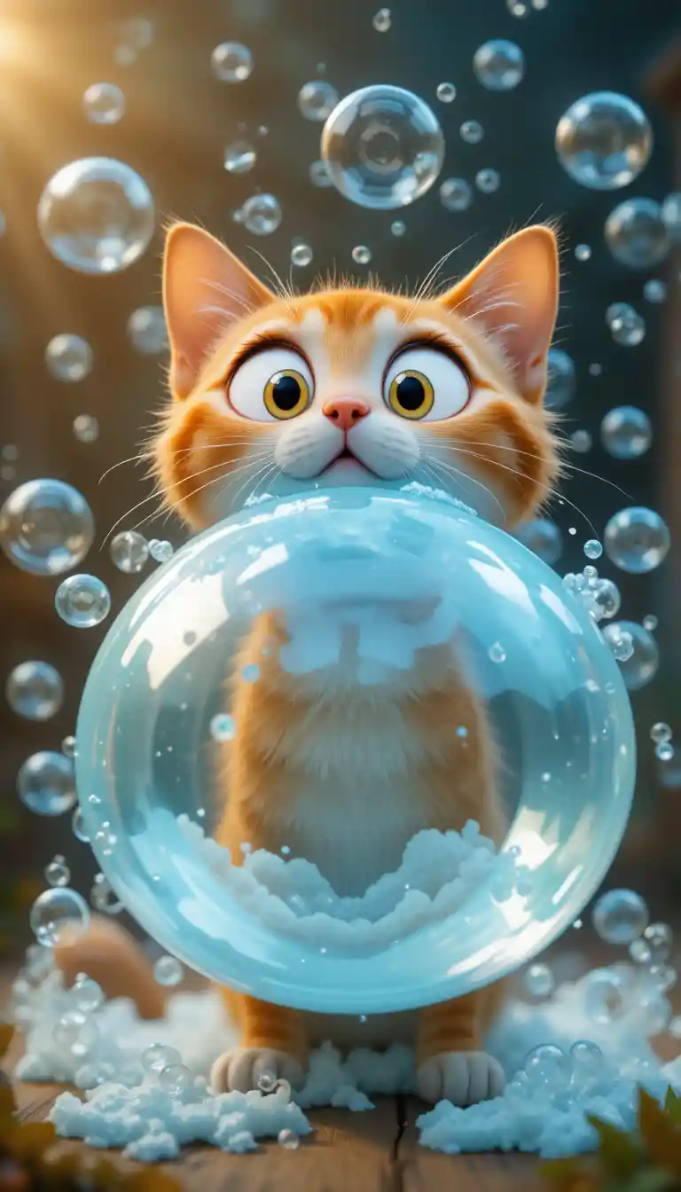 Cartoon cat shocked by giant popping soap bubbles