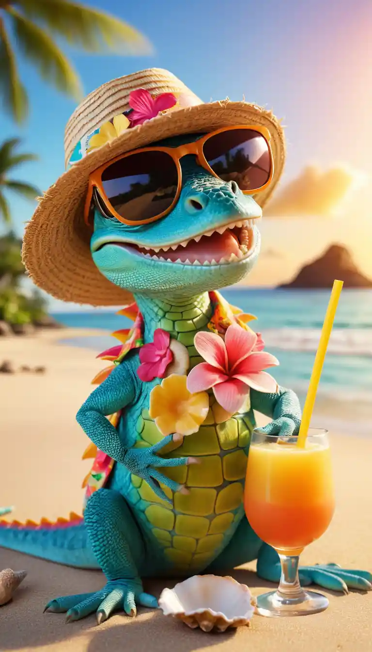 Lucertola 3D sorridente che si rilassa su una soleggiata spiaggia tropicale
