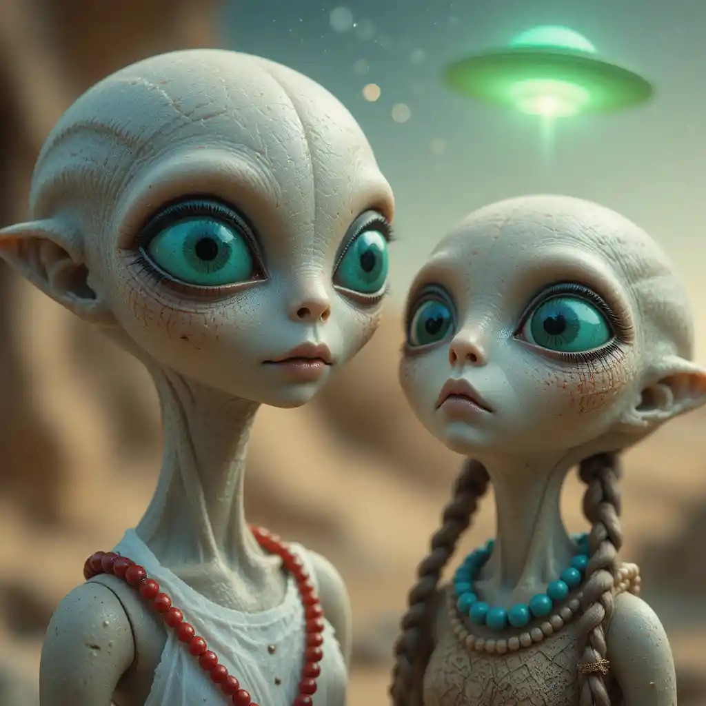 Nahaufnahme-Porträt von zwei Aliens mit leuchtender UFO-Scheibe darüber