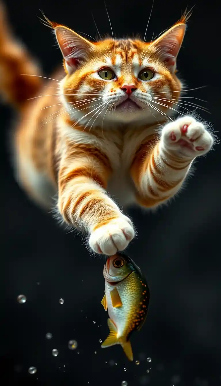 Gato saltando no ar para pegar um peixe em foco nítido