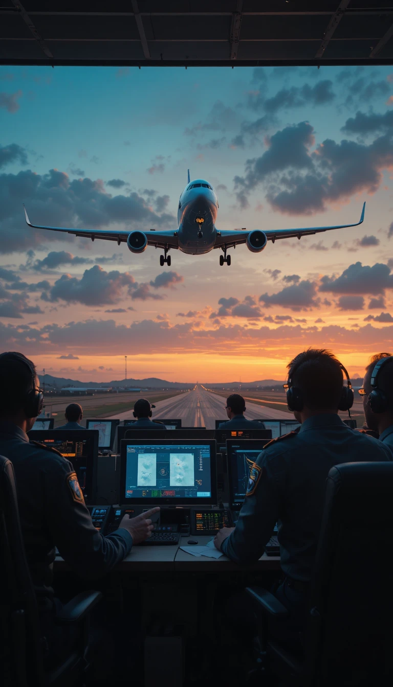 Avion de ligne tournant au‑dessus de la piste lors d’une urgence tendue au coucher du soleil