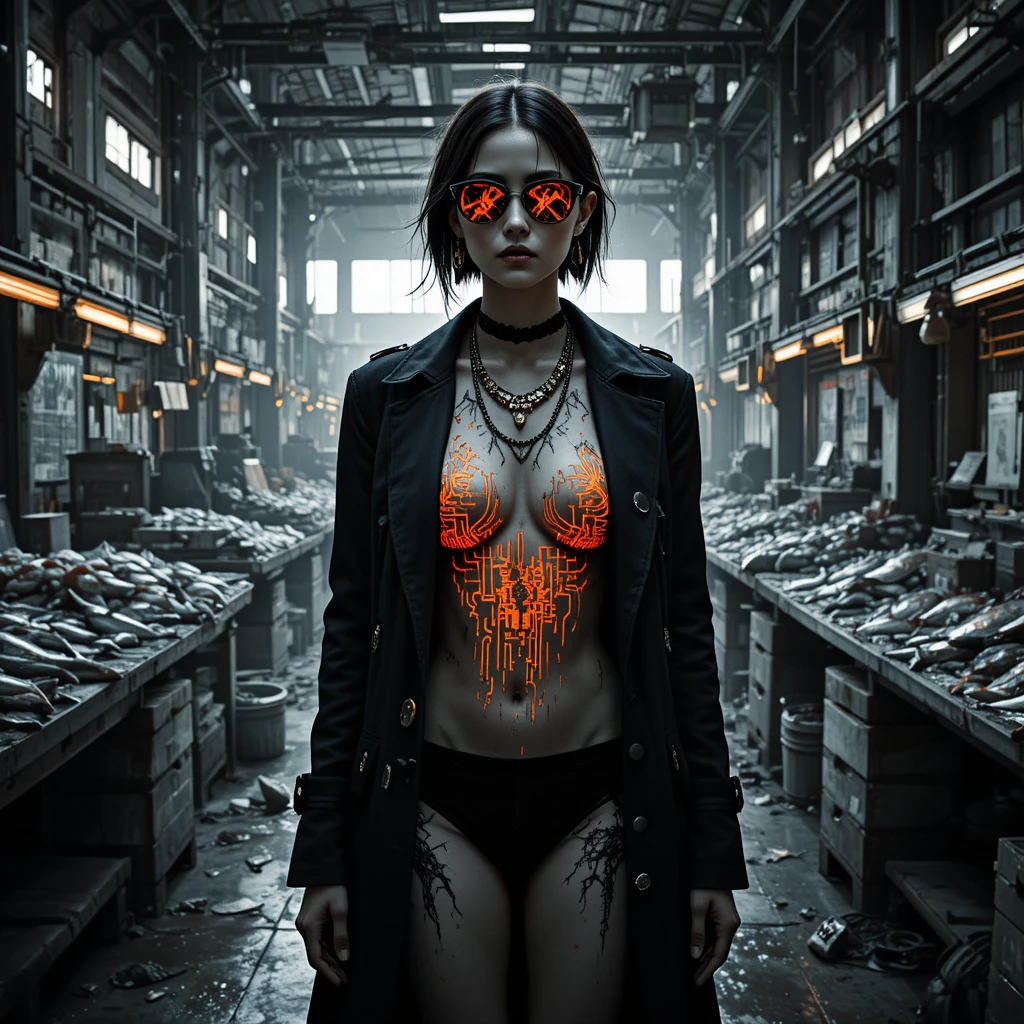 Cyber noir woman in trench coat at empty fish market