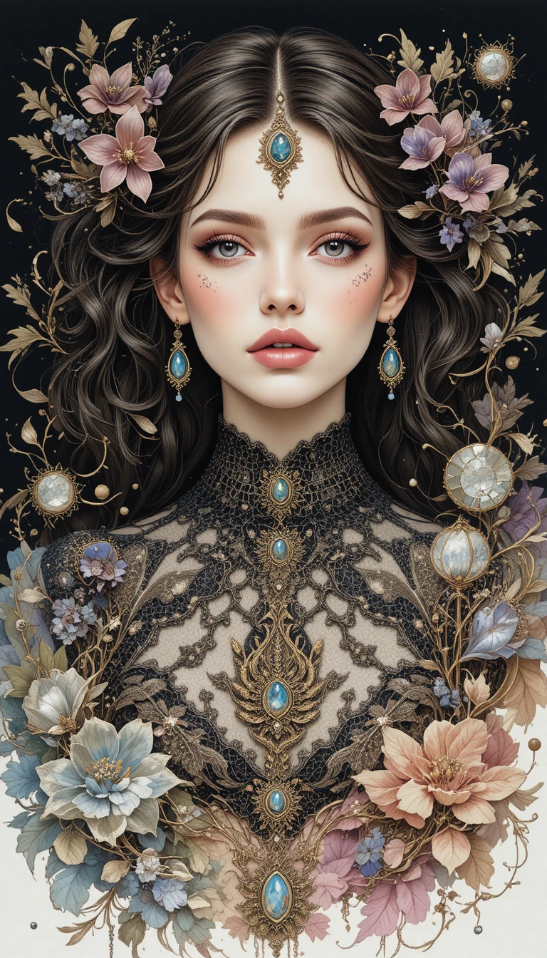 Spanish fantasy woman with black orchid and glowing jewels