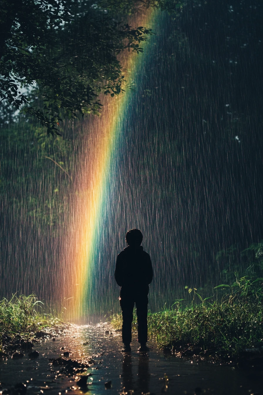 Woman happily crying in the rain under a dark night sky