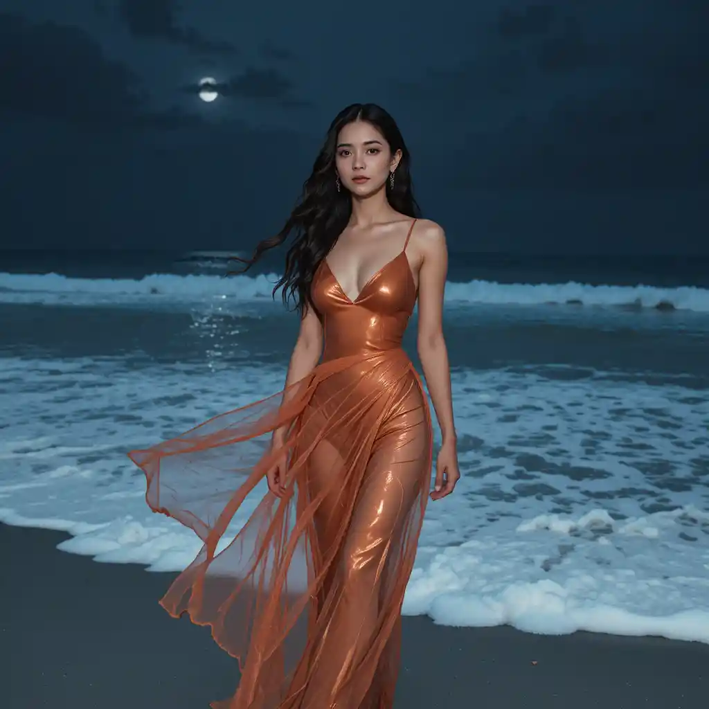 Korean woman in amber swimsuit posing on moonlit shoreline