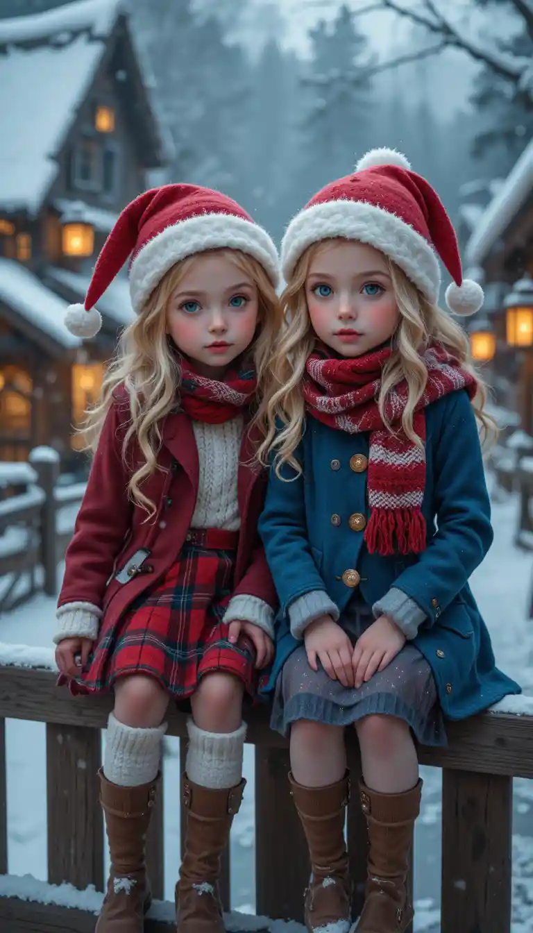 Dos niñas en una cerca de un pueblo nevado por la noche