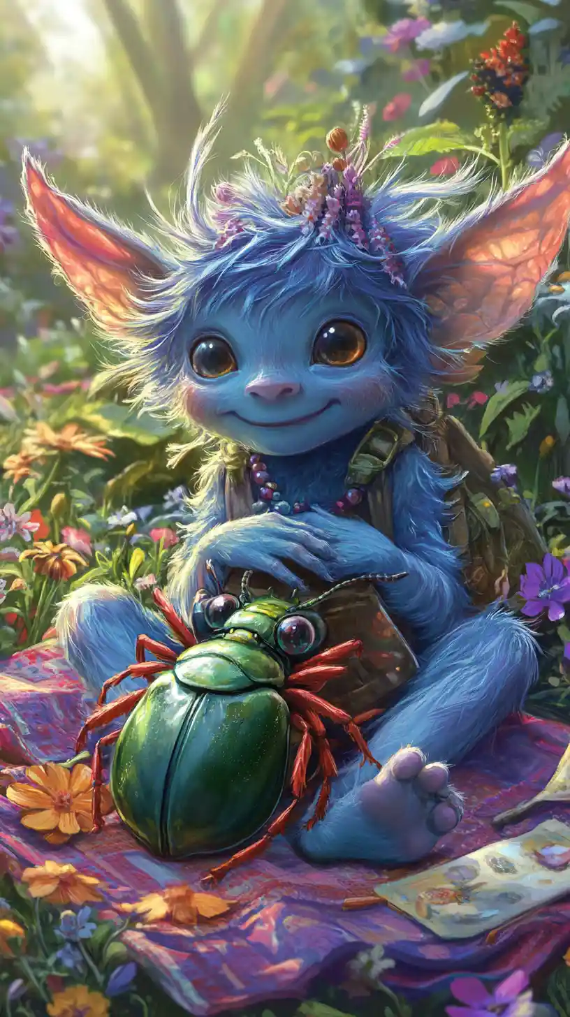 Cute fantasy creature on picnic blanket in glowing meadow