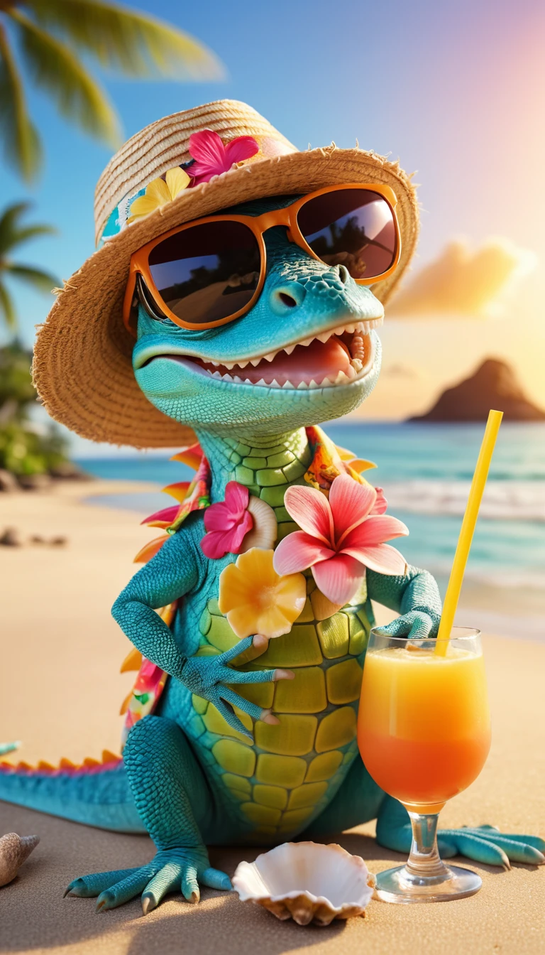 Smiling 3D lizard chilling on a sunny tropical beach