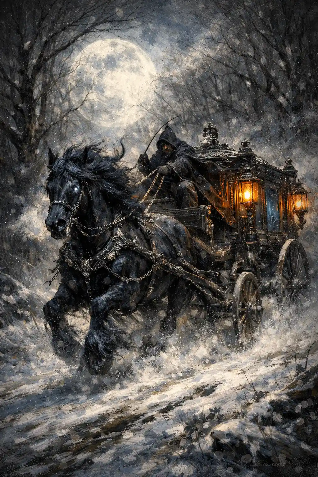 Carroza fúnebre fantasmal a caballo corriendo por un bosque nevado