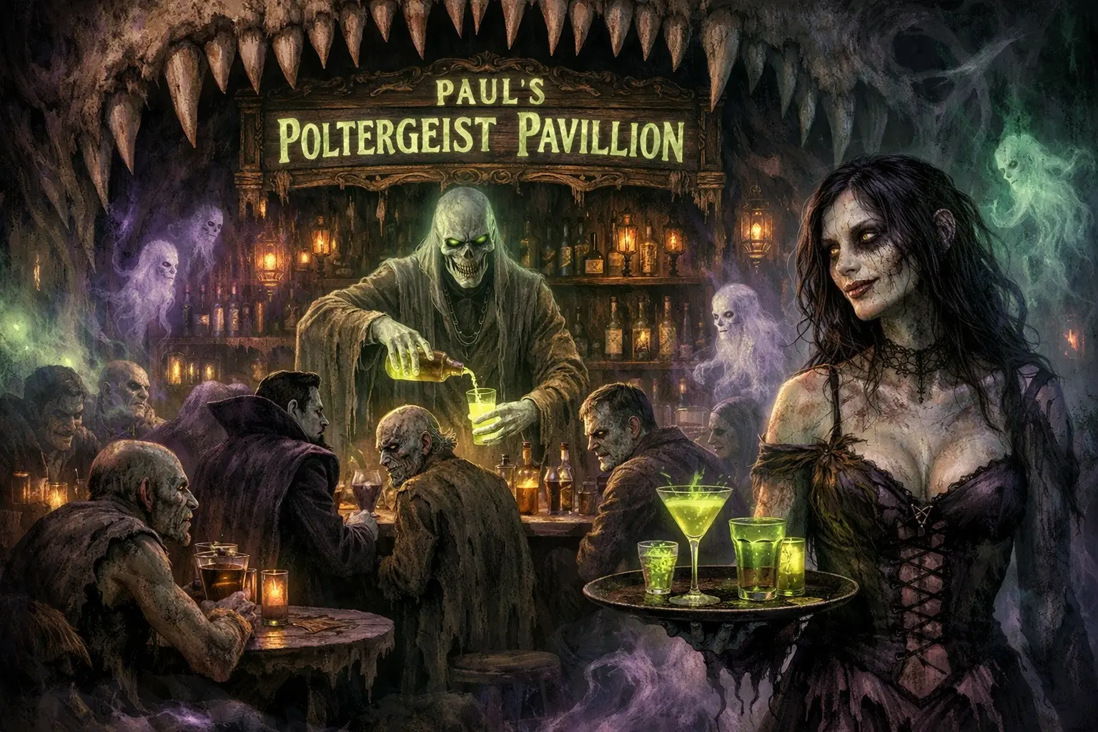 Bar fantasmagórico dentro de um crânio alienígena colossal